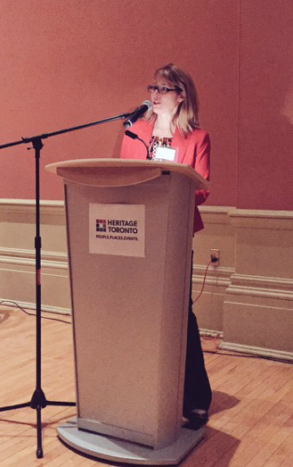 Ellen acting as MC at Heritage Toronto Event cropped
